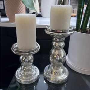 Silver Candle Holders with White Pillar Candles – Set of 2